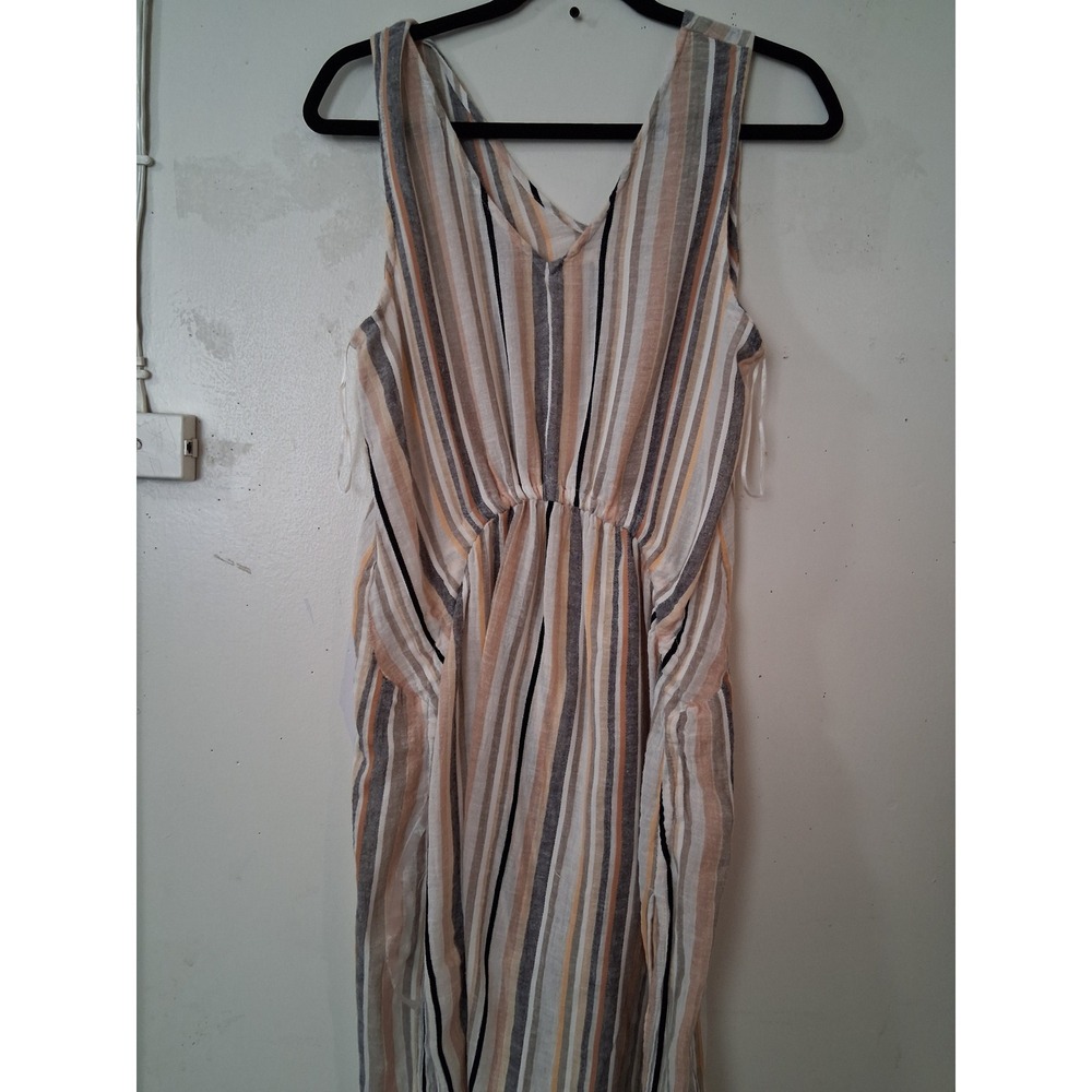 World Market Women Striped Cotton Linen V-Neck Sleeveless Dress Tan Cream S/M
